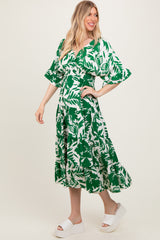 Green Abstract Floral V-Neck Tiered Midi Dress