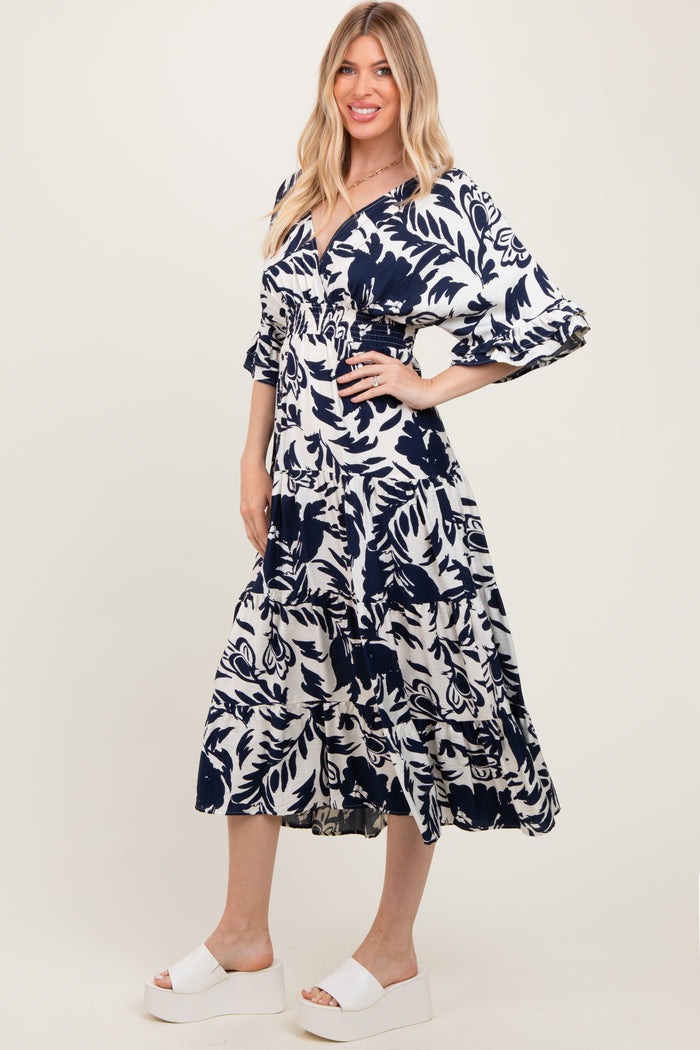 Navy Abstract Floral V-Neck Tiered Midi Dress