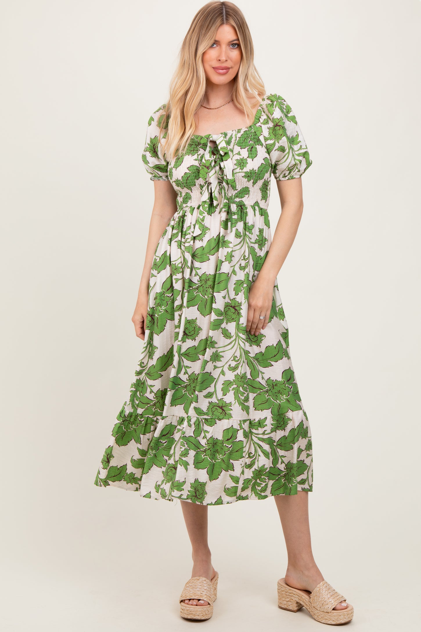 Green Floral Smocked Triple Front Tie Midi Dress