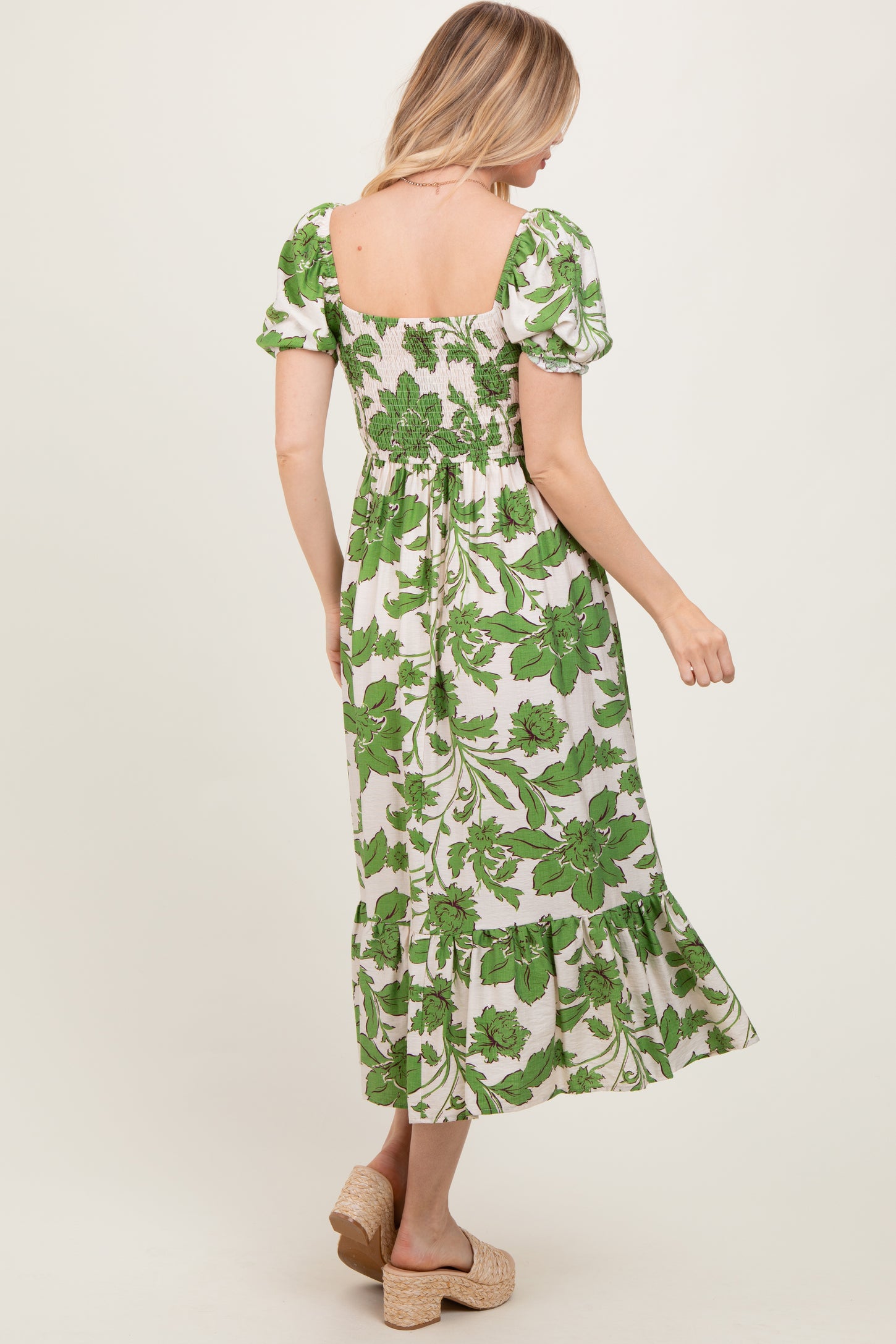 Green Floral Smocked Triple Front Tie Midi Dress