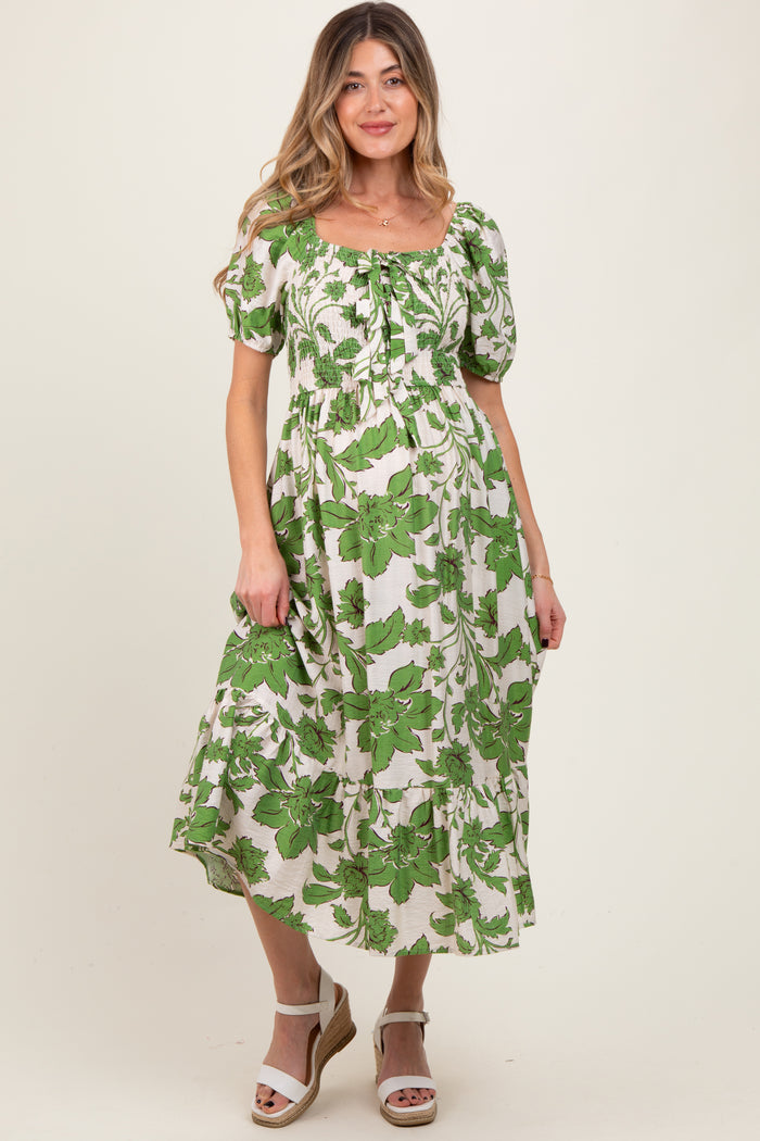 Green Floral Smocked Triple Front Tie Maternity Midi Dress