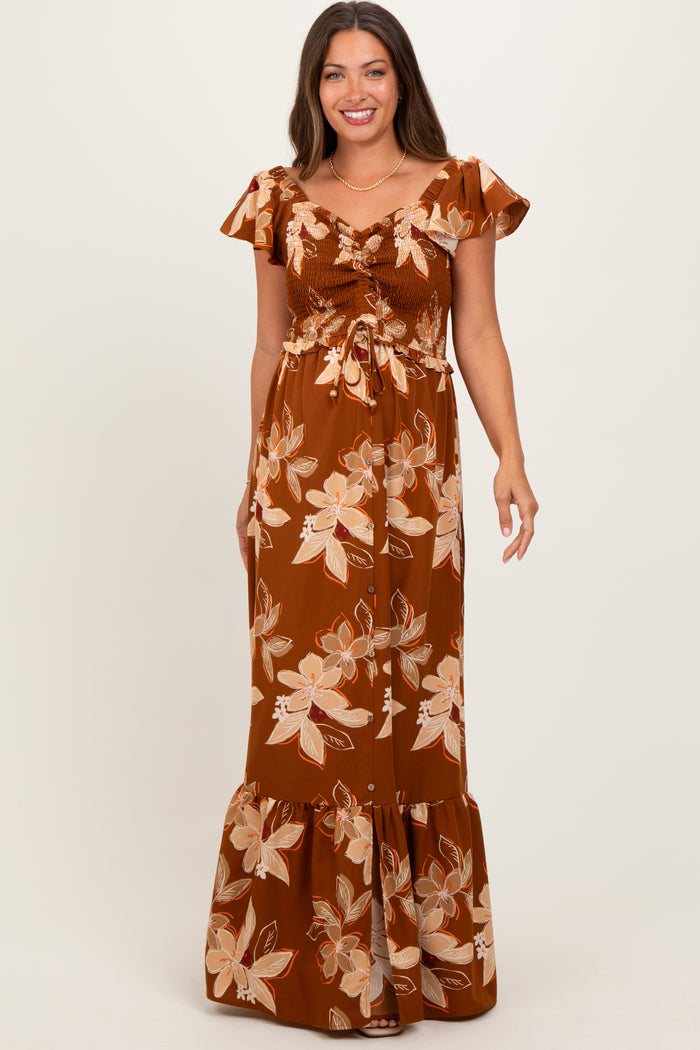 Mocha Floral Smocked Cinched Top Maternity Maxi Dress