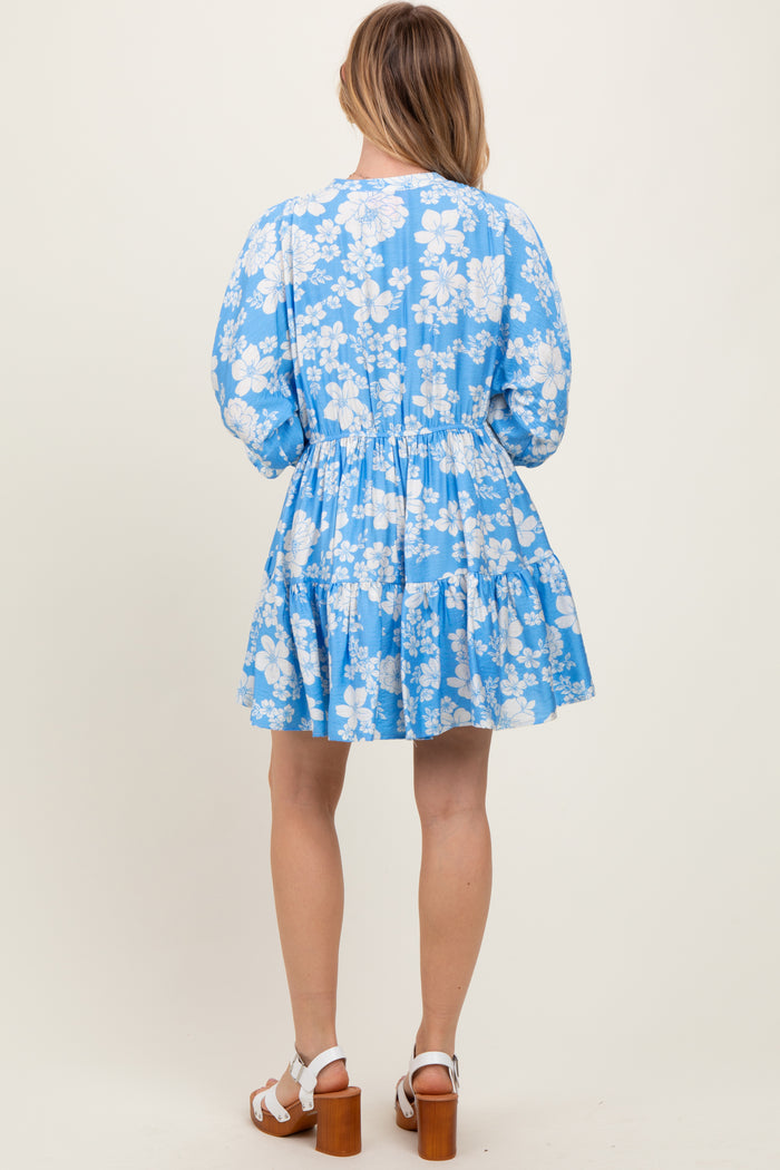Light Blue Floral Deep V-Neck Mini Dress