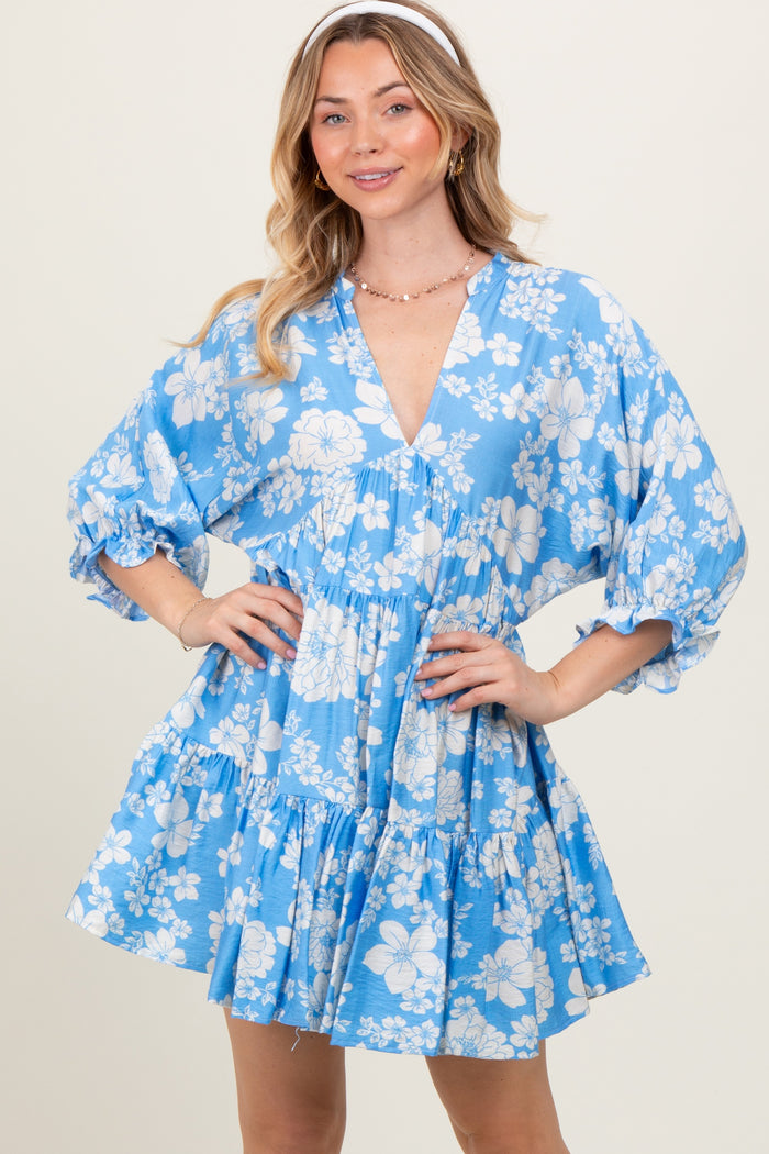Light Blue Floral Deep V-Neck Maternity Mini Dress