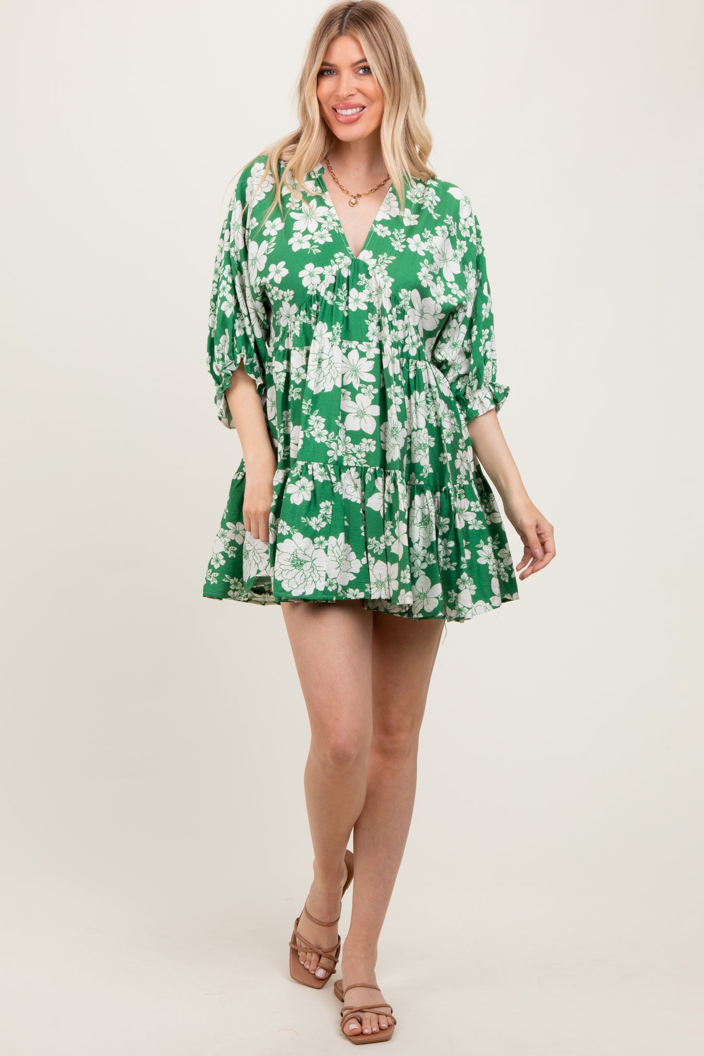 Green Floral Deep V-Neck Mini Dress