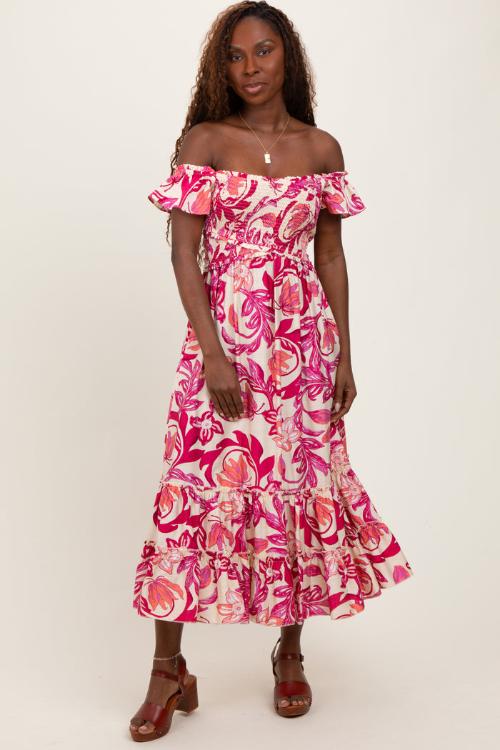Magenta Multi Smocked Top Woven Maternity Midi Dress