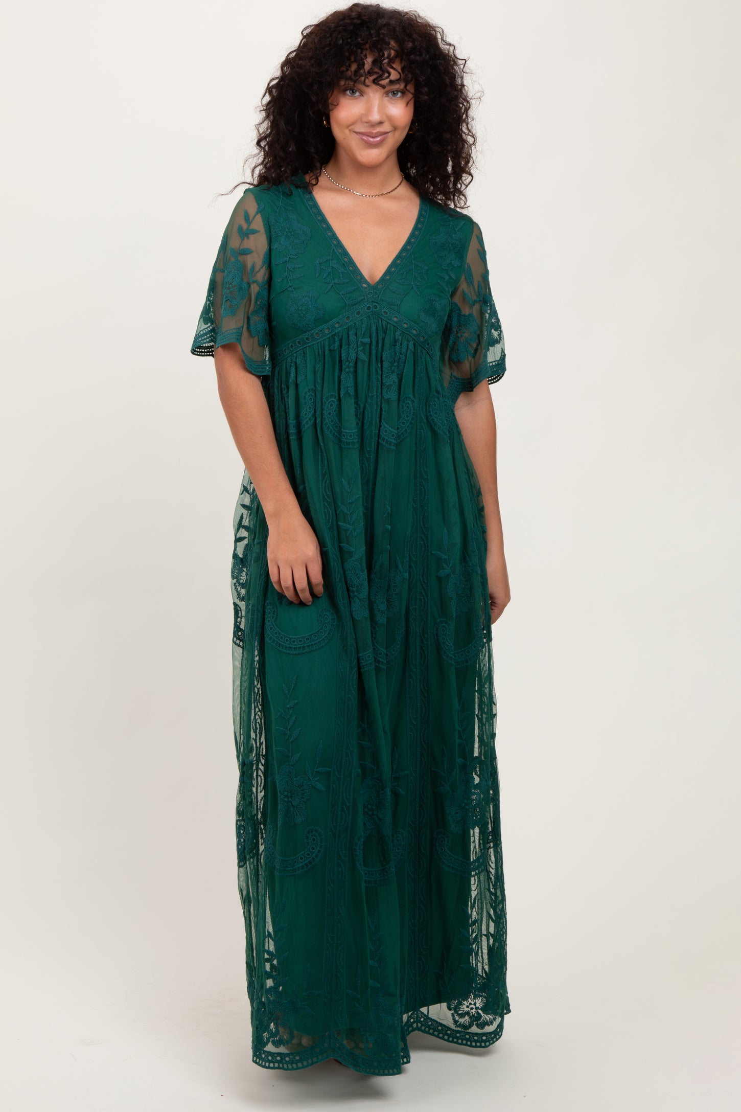 Green Lace Mesh Overlay Maternity Maxi Dress
