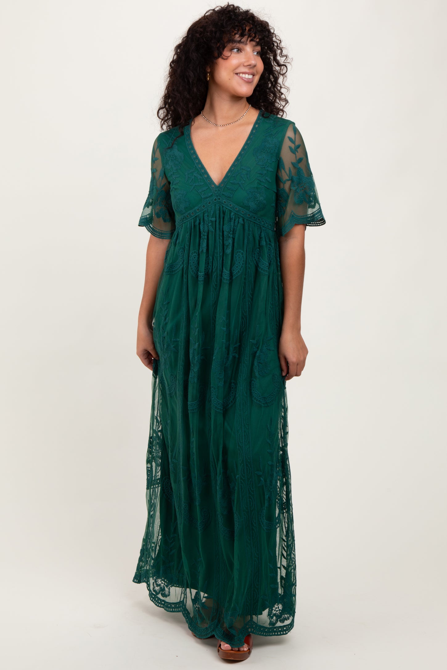 Green Lace Mesh Overlay Maxi Dress