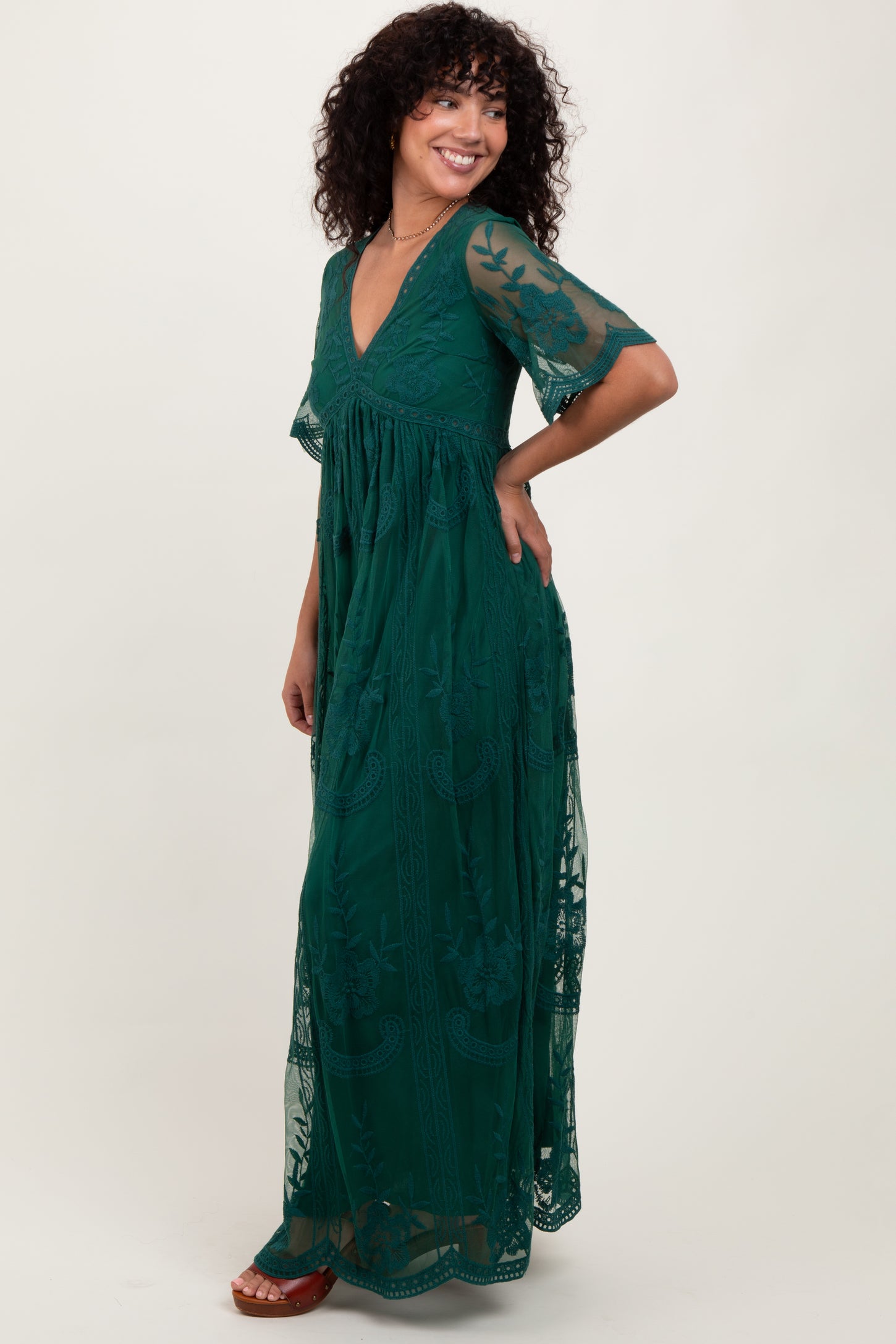 Green Lace Mesh Overlay Maxi Dress