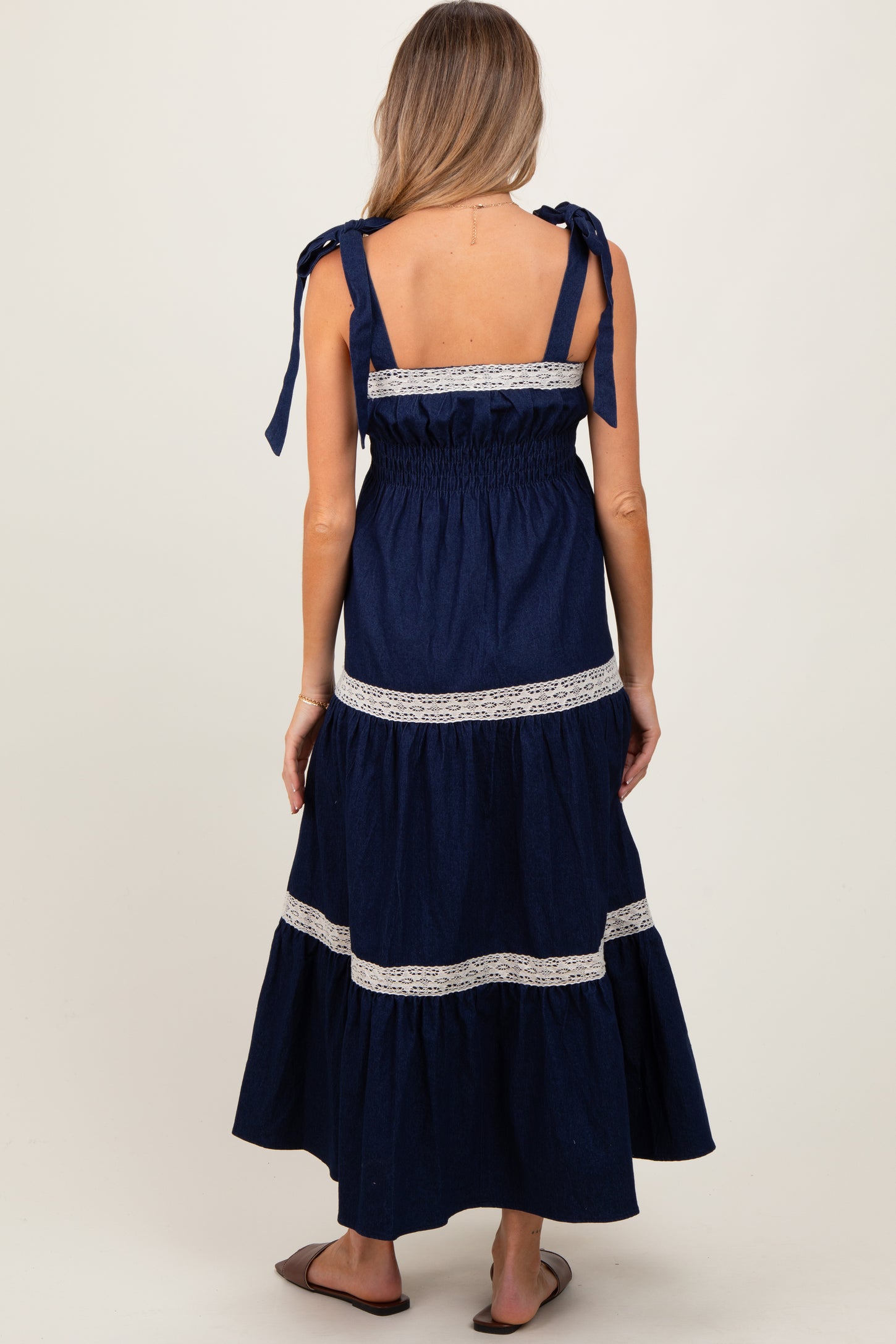 Navy Lace Trim Sleeveless Maternity Maxi Dress