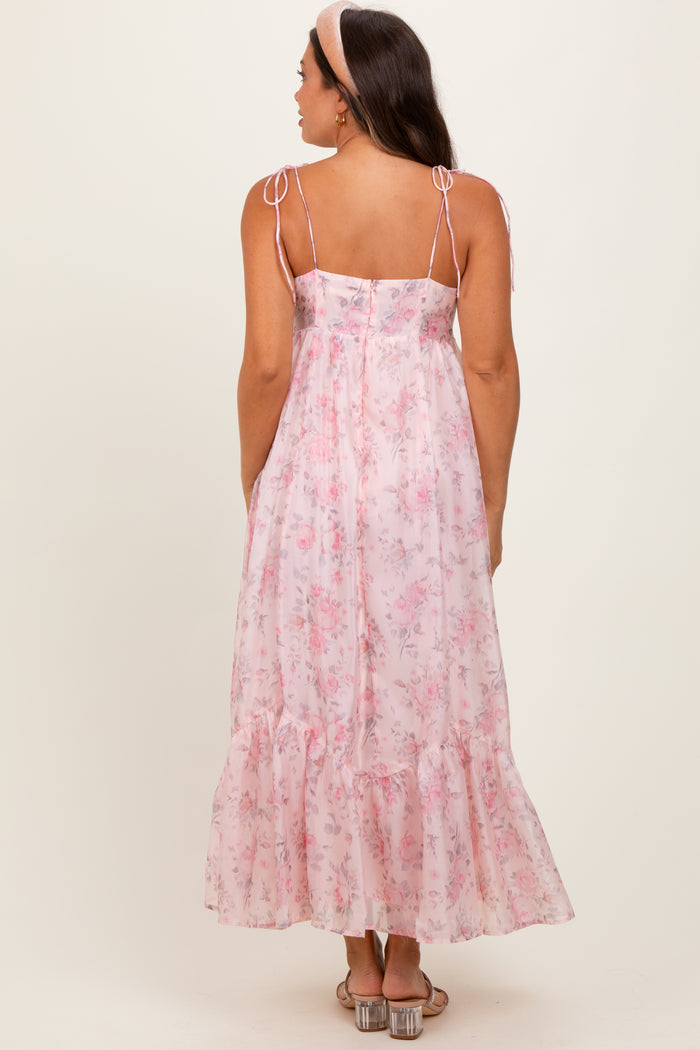 Pink Floral Satin Ruffle Hem Maternity Maxi Dress