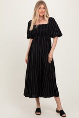 Black Linen Stripe Puff Sleeve Midi Dress