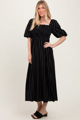 Black Linen Stripe Puff Sleeve Midi Dress
