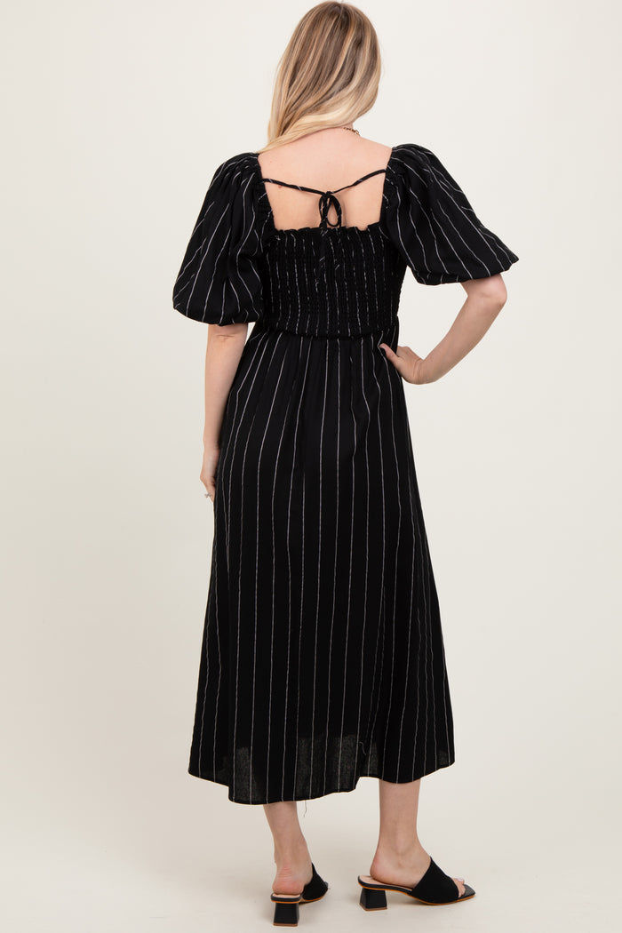 Black Linen Stripe Puff Sleeve Midi Dress