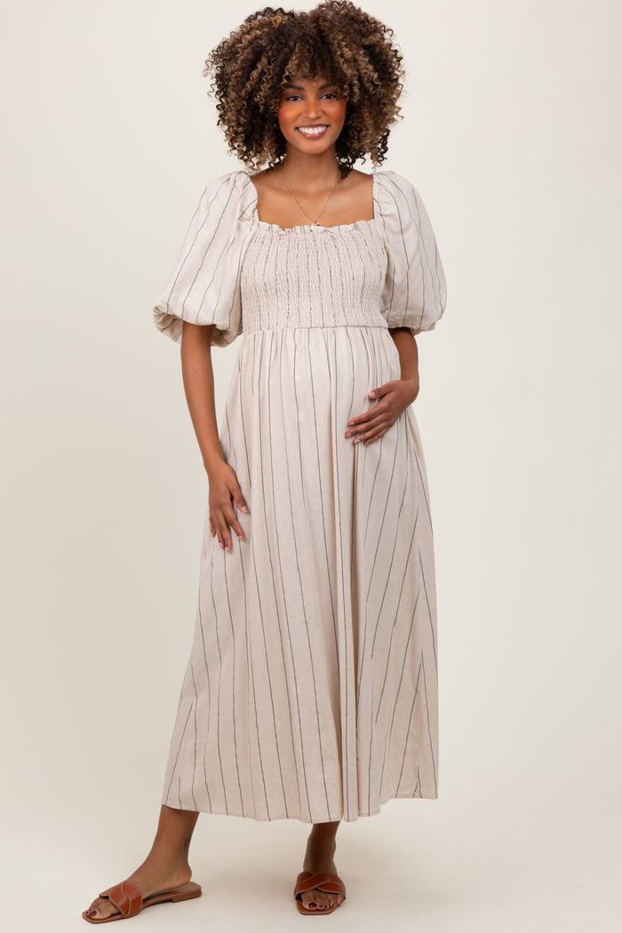 Beige Linen Stripe Puff Sleeve Maternity Midi Dress