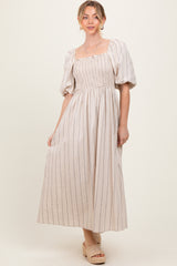 Beige Linen Stripe Puff Sleeve Maternity Midi Dress