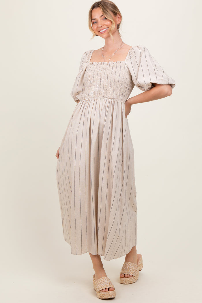 Beige Linen Stripe Puff Sleeve Midi Dress