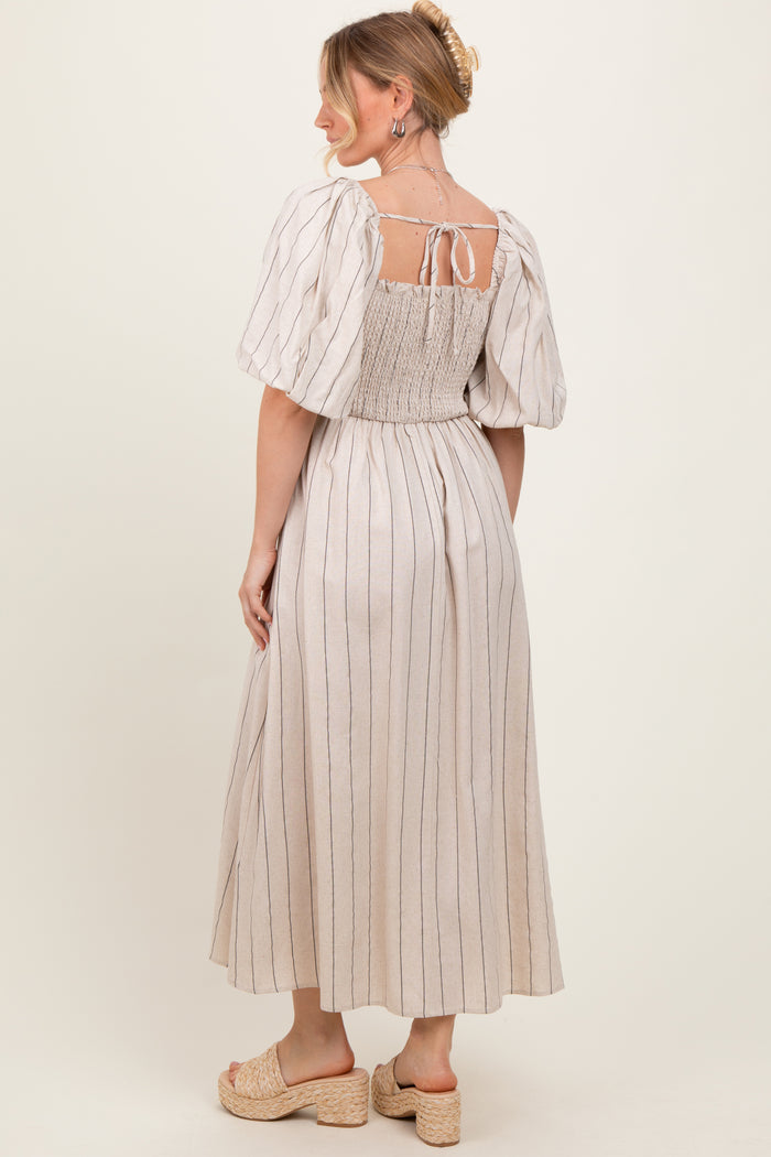 Beige Linen Stripe Puff Sleeve Midi Dress