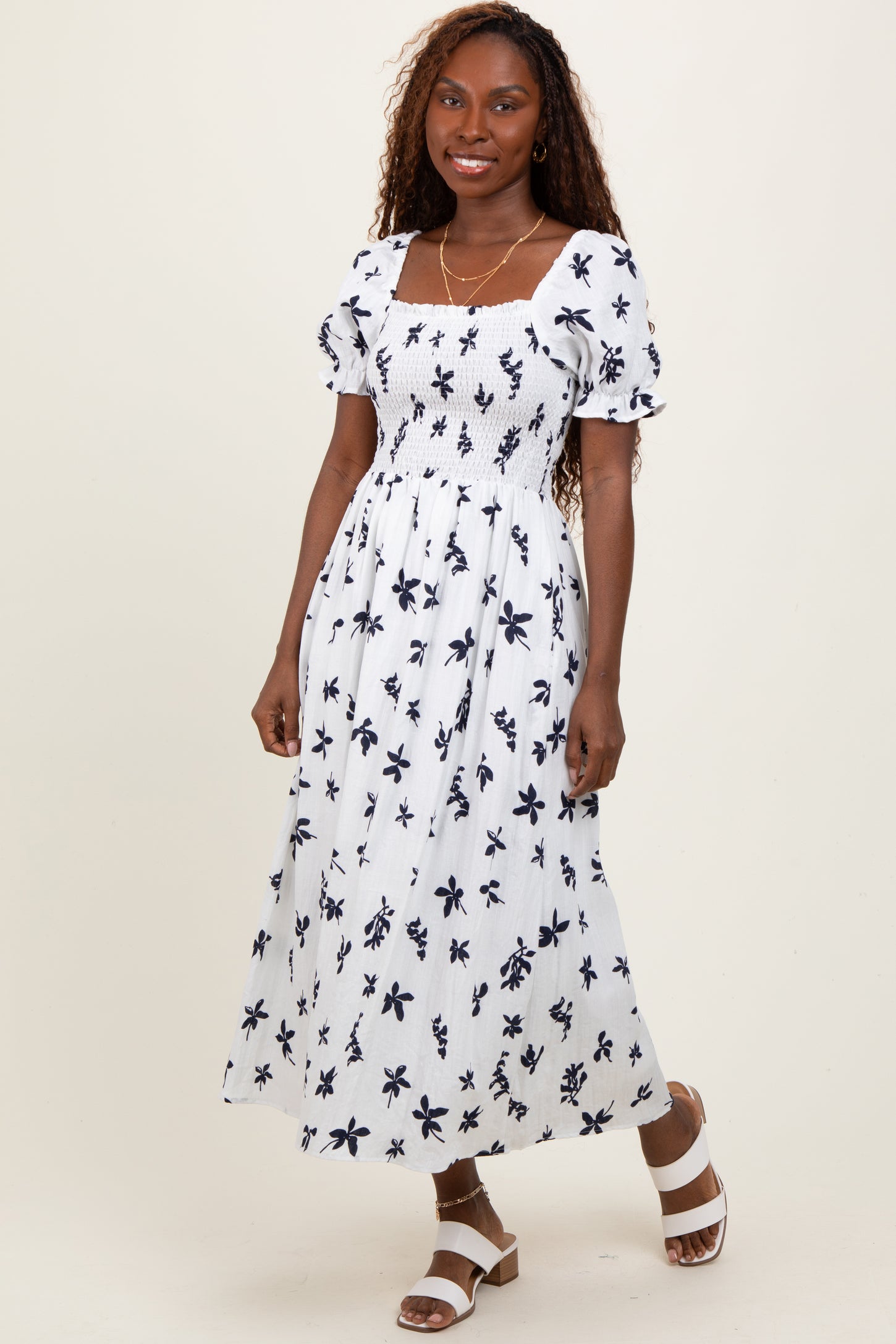 Ivory Floral Puff Sleeve Midi Dress