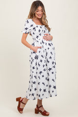 Ivory Floral Puff Sleeve Maternity Midi Dress