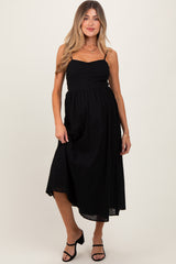 Black Eyelet Front Button Sleeveless Maternity Midi Dress