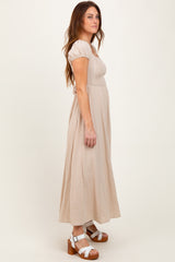 Beige Square Neck Smocked Top Criss Cross Back Tie Maxi Dress