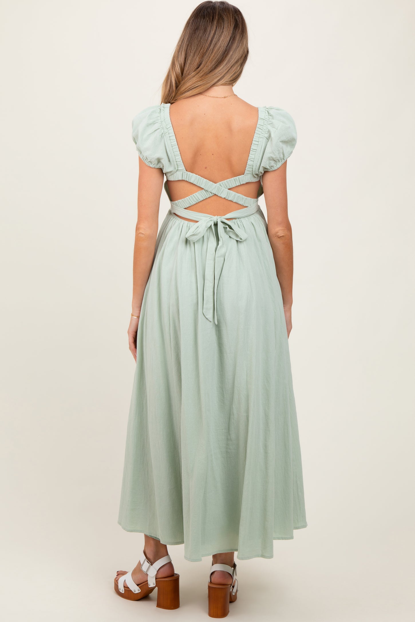 Mint Square Neck Smocked Top Criss Cross Back Tie Maternity Maxi Dress