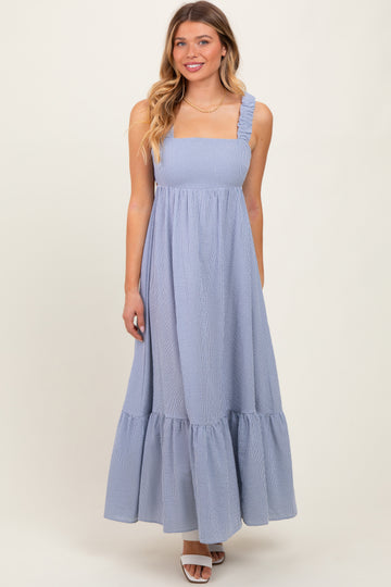 Navy Scrunch Strap Back Tie Ruffle Maxi Dress