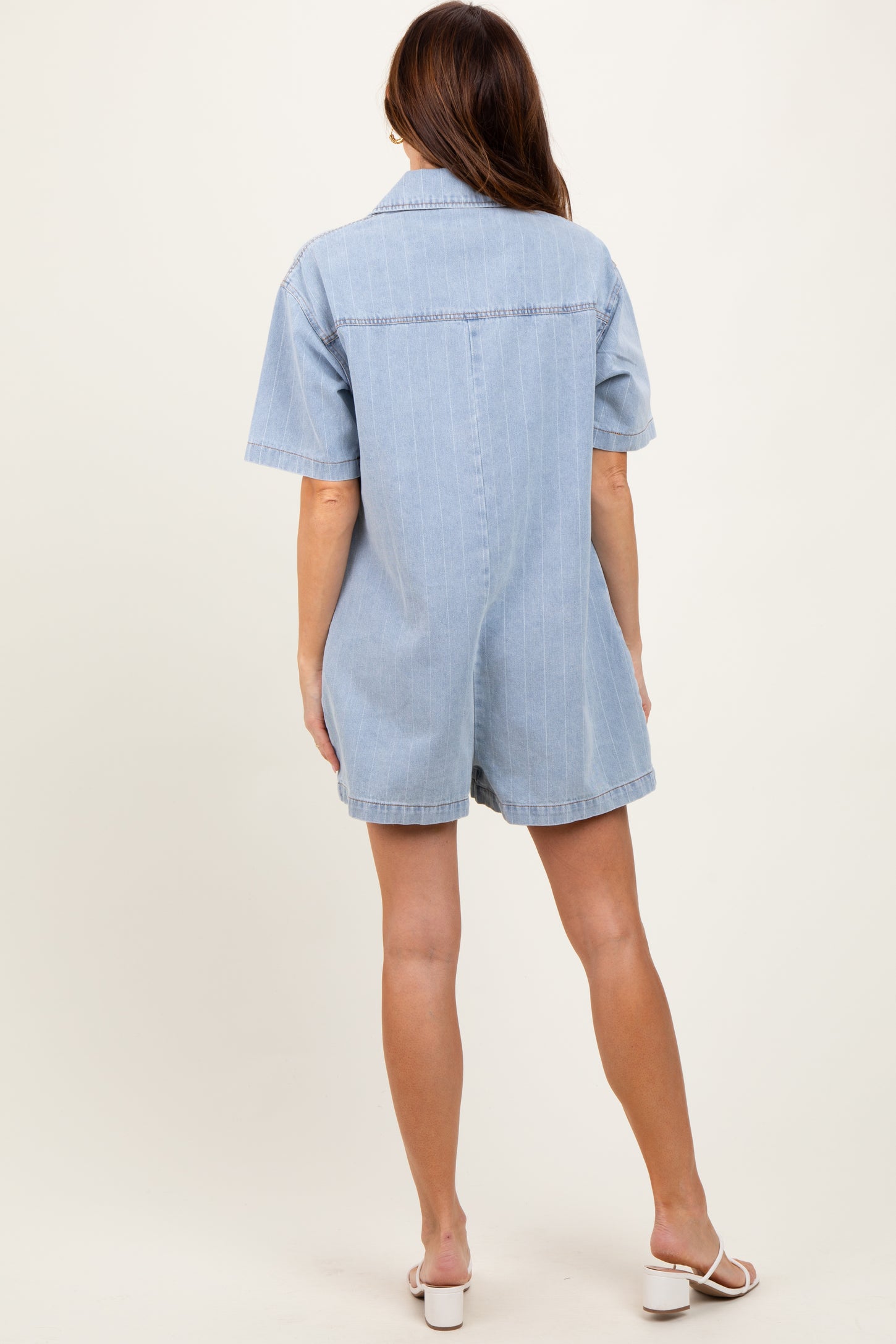 Blue Denim Striped Short Sleeve Romper
