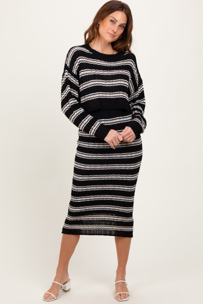 Black/Cream Long Sleeve Crop Top Midi Skirt Maternity Set