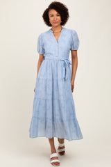 Light Blue Split Neckline Tiered Maternity Midi Dress