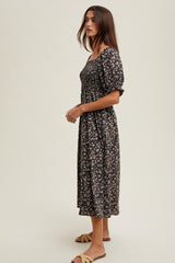 Black Floral Smocked Puff Sleeve Midi Dress