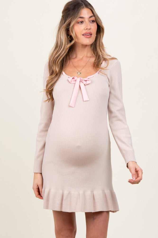 Beige Knit Ribbon Detail Neckline Maternity Mini Dress