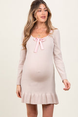 Beige Knit Ribbon Detail Neckline Maternity Mini Dress
