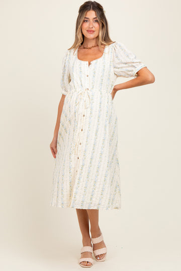Light Blue Swiss Dot Floral Print Button Down Maternity Midi Dress