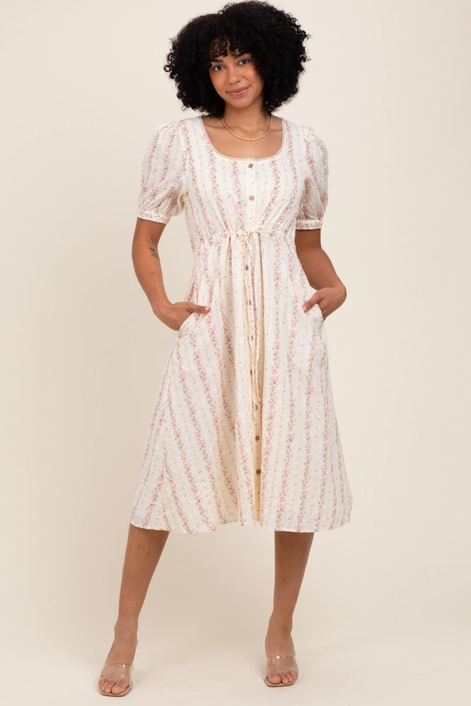 Light Pink Swiss Dot Floral Print Button Down Midi Dress