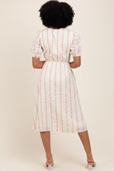 Light Pink Swiss Dot Floral Print Button Down Midi Dress