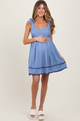 Blue Shoulder Bow Tie Pleated Maternity Mini Dress