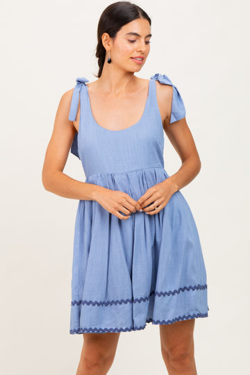 Blue Shoulder Bow Tie Pleated Mini Dress