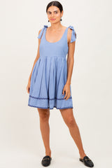Blue Shoulder Bow Tie Pleated Maternity Mini Dress