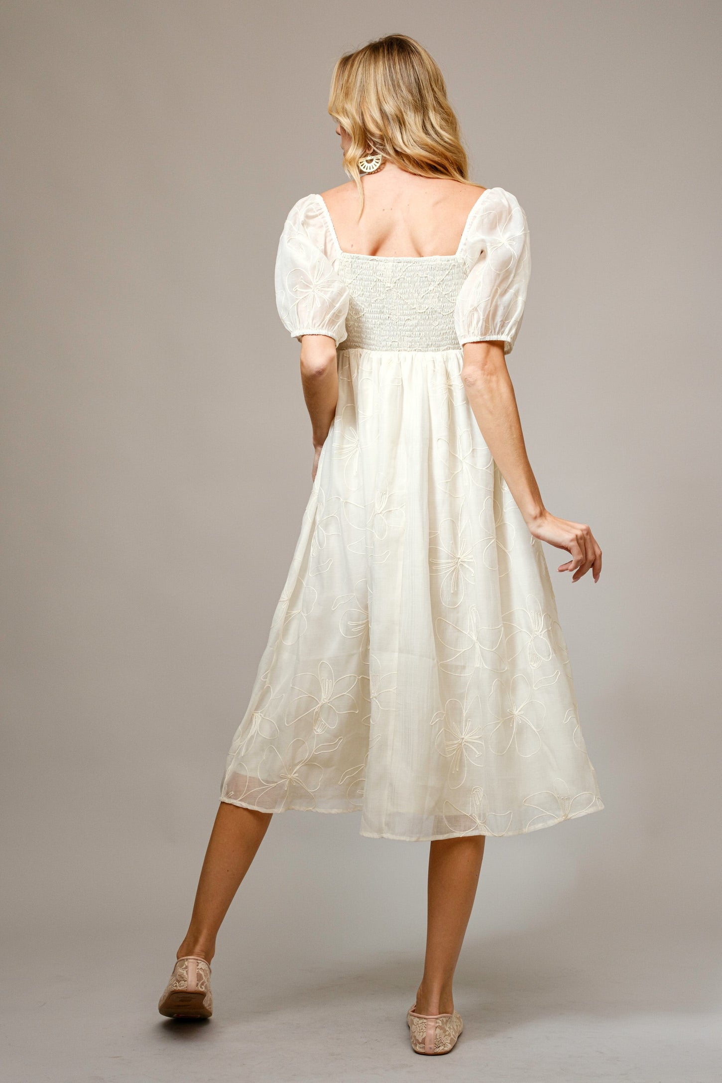 Cream Embroidered Floral Puff Sleeve Midi Dress