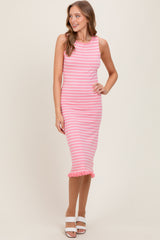 Light Pink Striped Knit Sleeveless Ruffle Hem Midi Dress