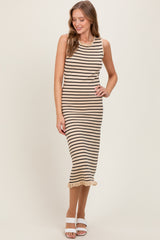 Beige Striped Knit Sleeveless Ruffle Hem Midi Dress