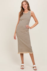 Beige Striped Knit Sleeveless Ruffle Hem Midi Dress