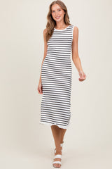 White Striped Knit Sleeveless Ruffle Hem Midi Dress