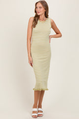 Light Olive Striped Knit Sleeveless Ruffle Hem Midi Dress