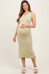 Light Olive Striped Knit Sleeveless Ruffle Hem Maternity Midi Dress