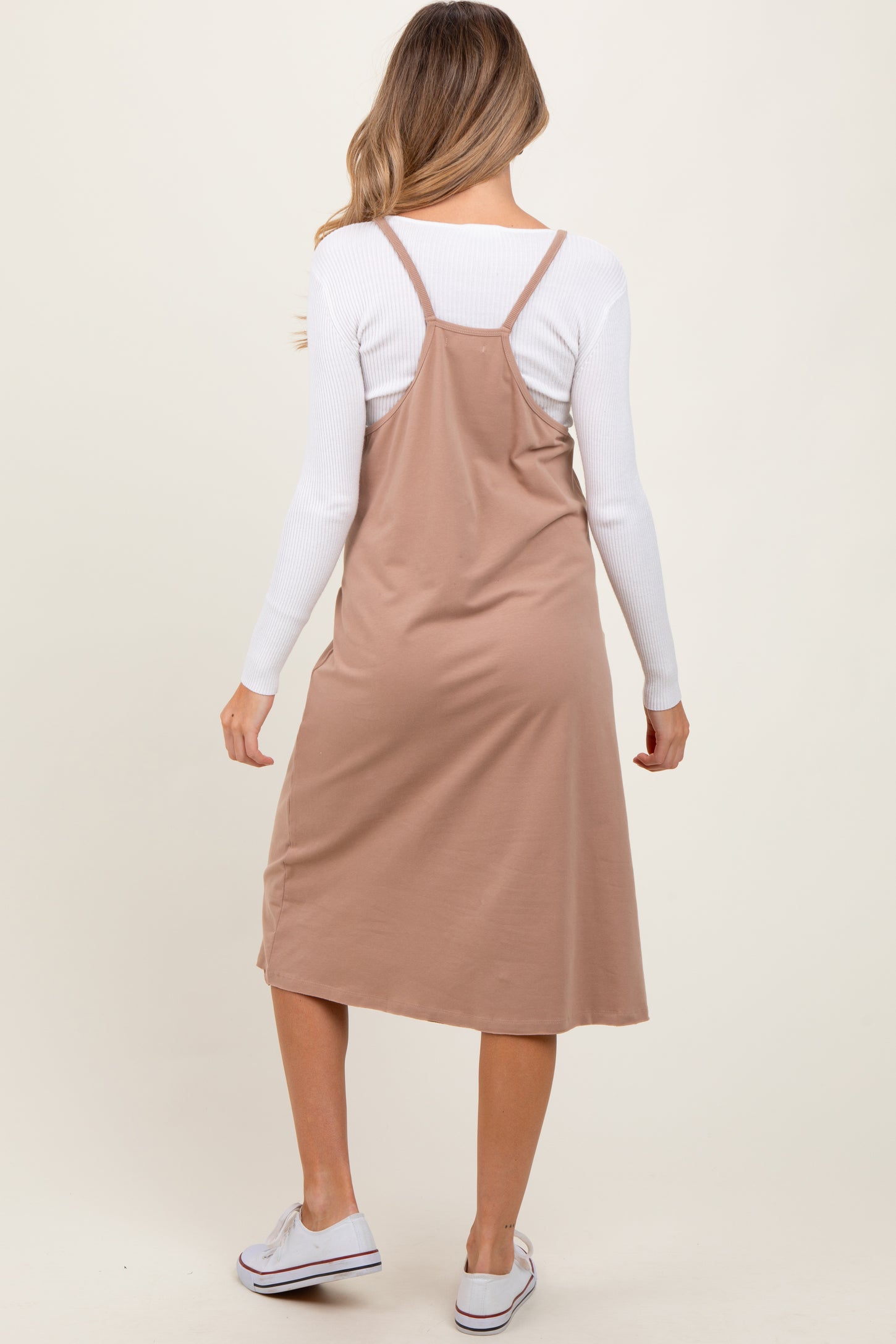 Taupe Knit V-Neck Cami Maternity Midi Dress