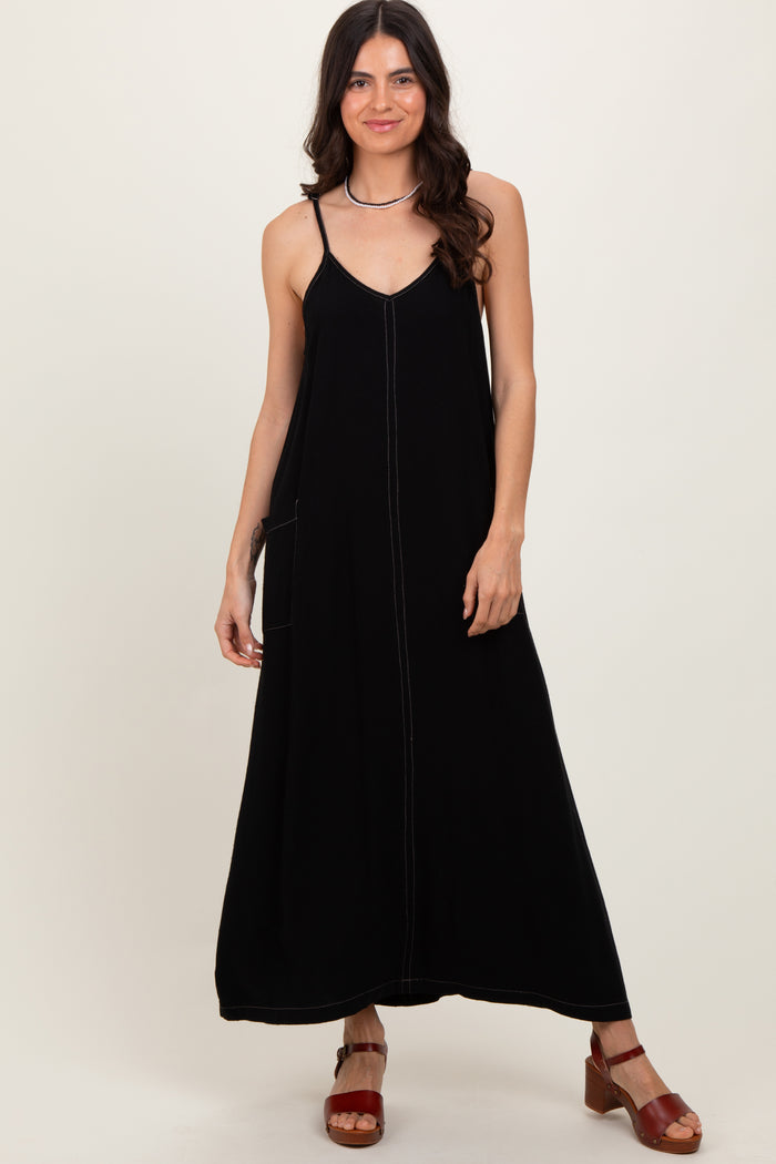 Black Linen Mixed Overall Maternity Midi Dress