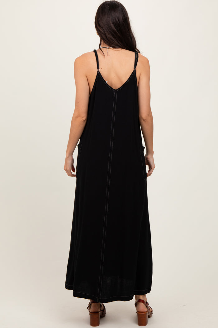 Black Linen Mixed Overall Midi Dress